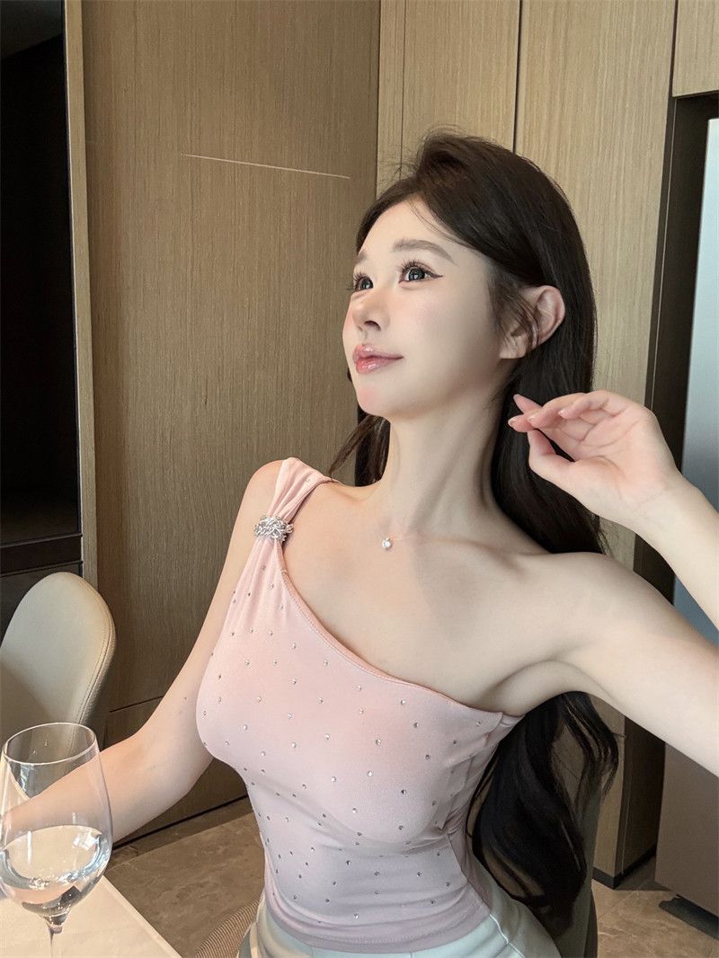 💕chic韓系性感斜肩燙鑽抹胸背心無袖上衣
