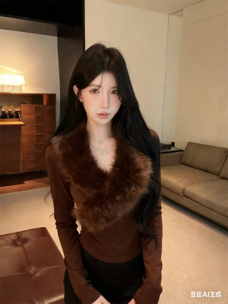 💕純欲辣妹毛領拼接V領長袖修身上衣