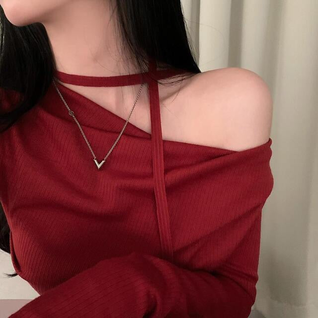 💕溫柔春秋純欲露肩+飄帶顯瘦法式上衣