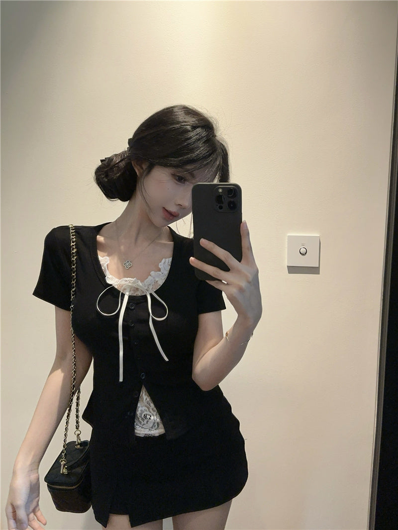 💕高級感假兩件短袖拼接蕾絲上衣