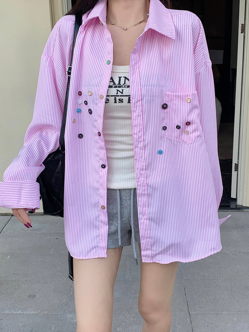 💕青春寬鬆百搭別緻彩色鈕扣條紋襯衫