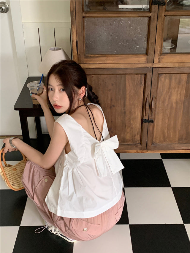 💕夏季甜美蝴蝶結兩穿寬鬆百搭無袖背心上衣