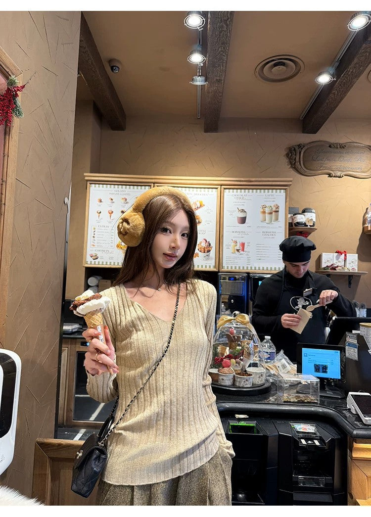 💕簡約百搭通勤V領針織打底修身顯瘦上衣