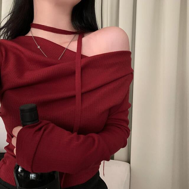 💕溫柔春秋純欲露肩+飄帶顯瘦法式上衣