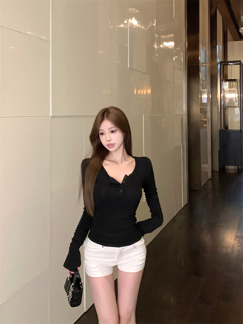 💕秋冬辣妹半高U領修身褶皺短磨毛內搭打底上衣