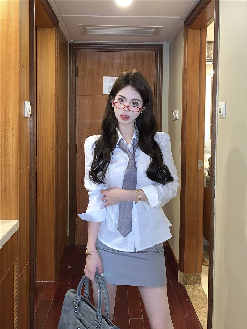 💕韓版秘書款收腰帶領襯衫兩件套