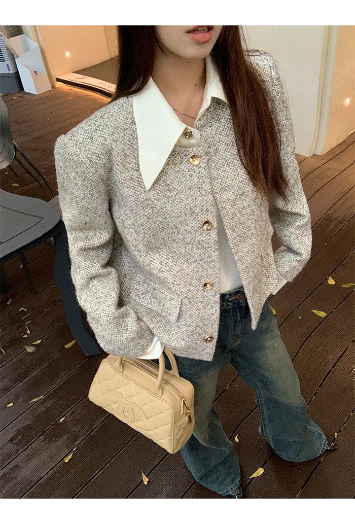 💕韓系秋冬假兩件拼接小香風加墊肩外套