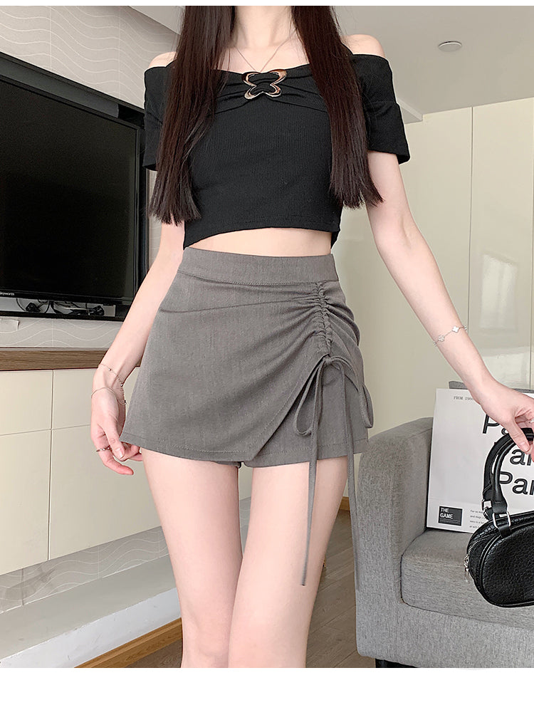 💕春夏西裝面料垂感抽繩高腰短裙