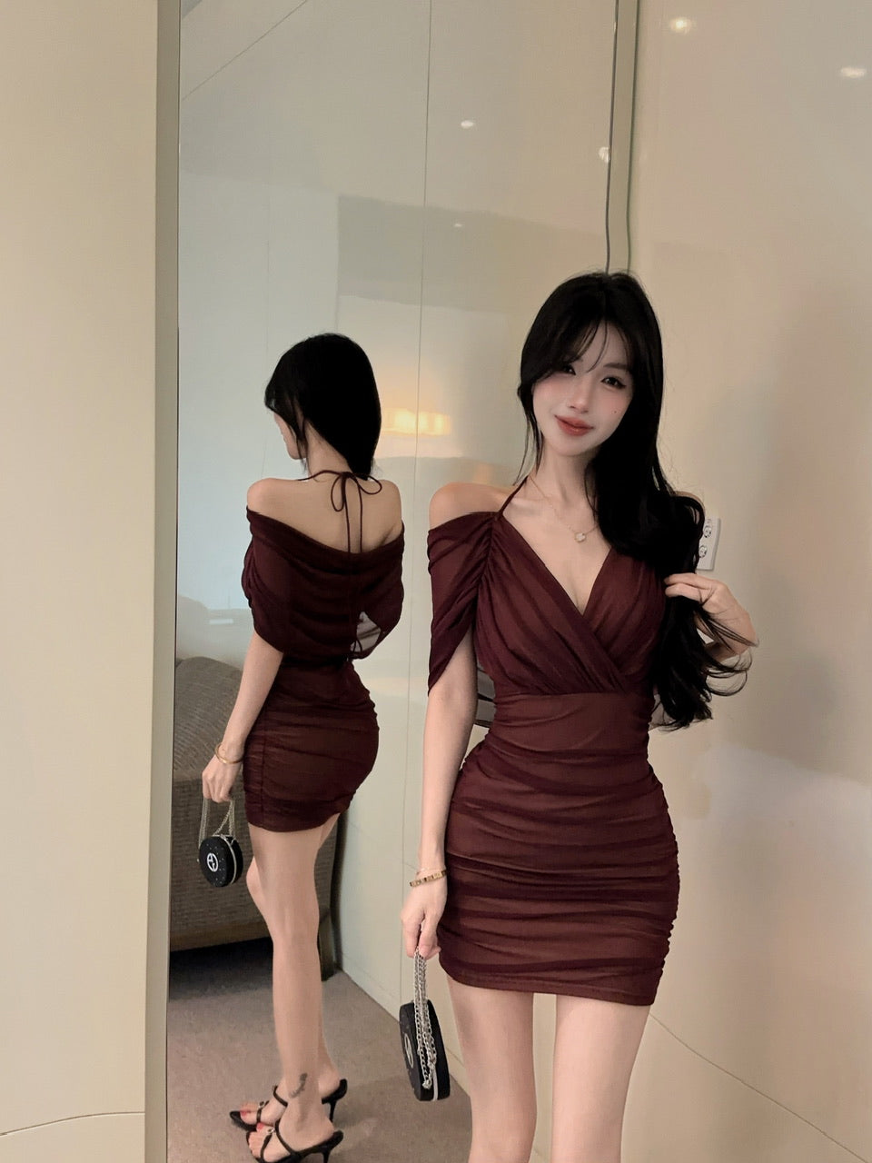 💕約會性感網紗綁帶包臀假兩件連身裙