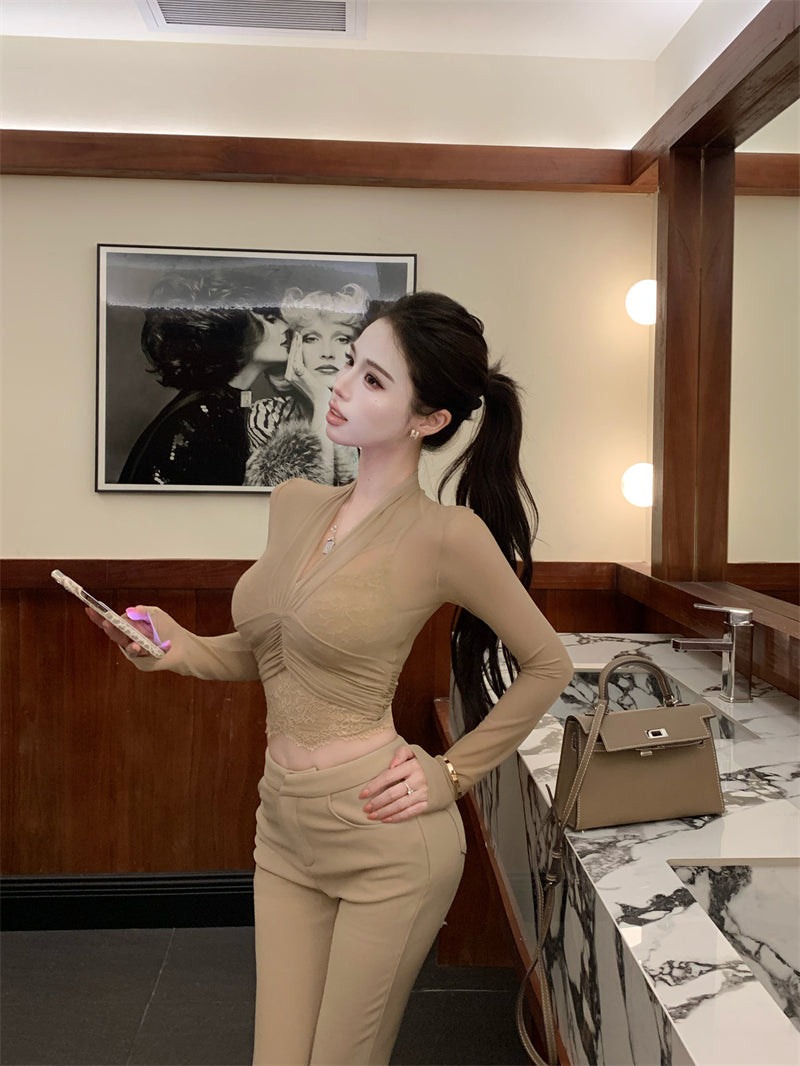 💕性感微透網紗長袖V領蕾絲吊帶內搭上衣兩件套