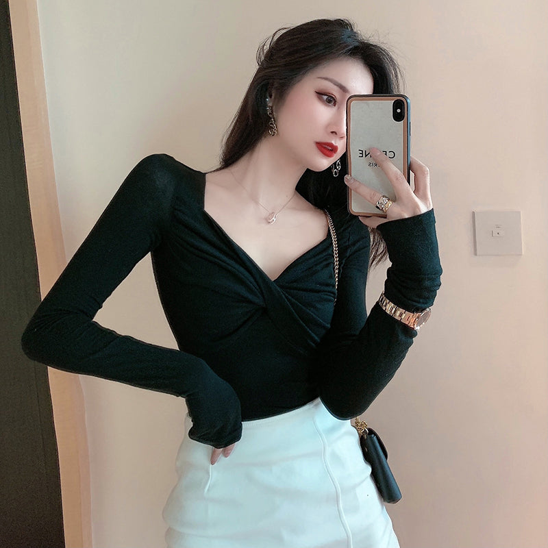 💕長袖V領扭結顯瘦打底衫上衣