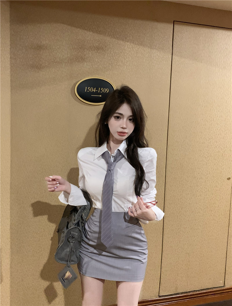 💕韓版秘書款收腰帶領襯衫兩件套