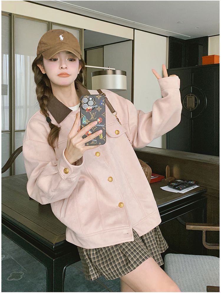 💕韓系甜美溫柔粉色麂皮絨短款休閒夾克外套