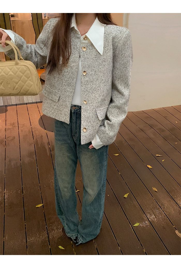 💕韓系秋冬假兩件拼接小香風加墊肩外套