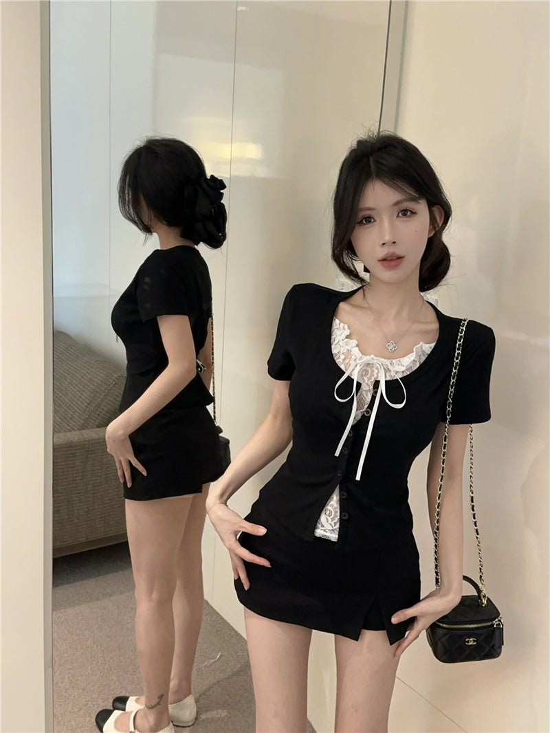 💕高級感假兩件短袖拼接蕾絲上衣