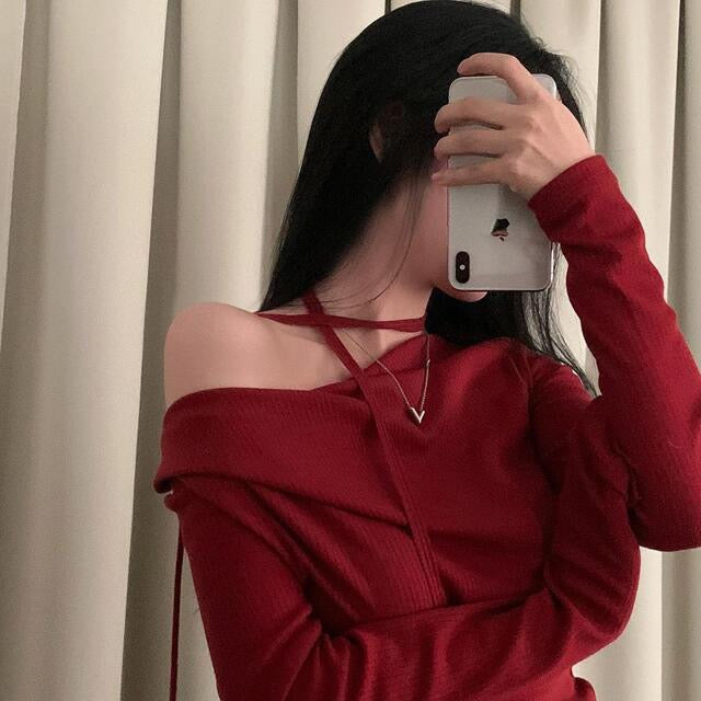 💕溫柔春秋純欲露肩+飄帶顯瘦法式上衣