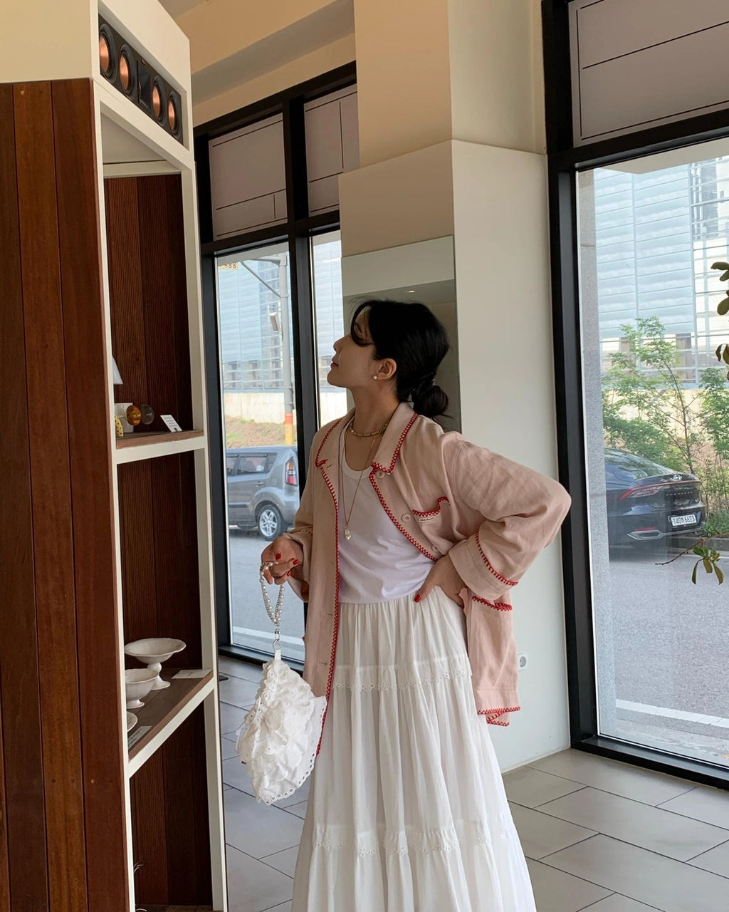 💕韓系東大門復古高腰拼接蕾絲邊蛋糕休閒長裙