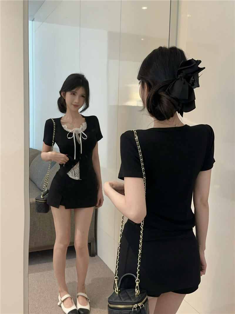 💕高級感假兩件短袖拼接蕾絲上衣
