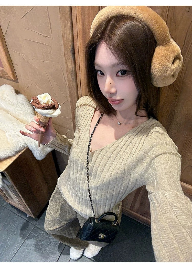 💕簡約百搭通勤V領針織打底修身顯瘦上衣