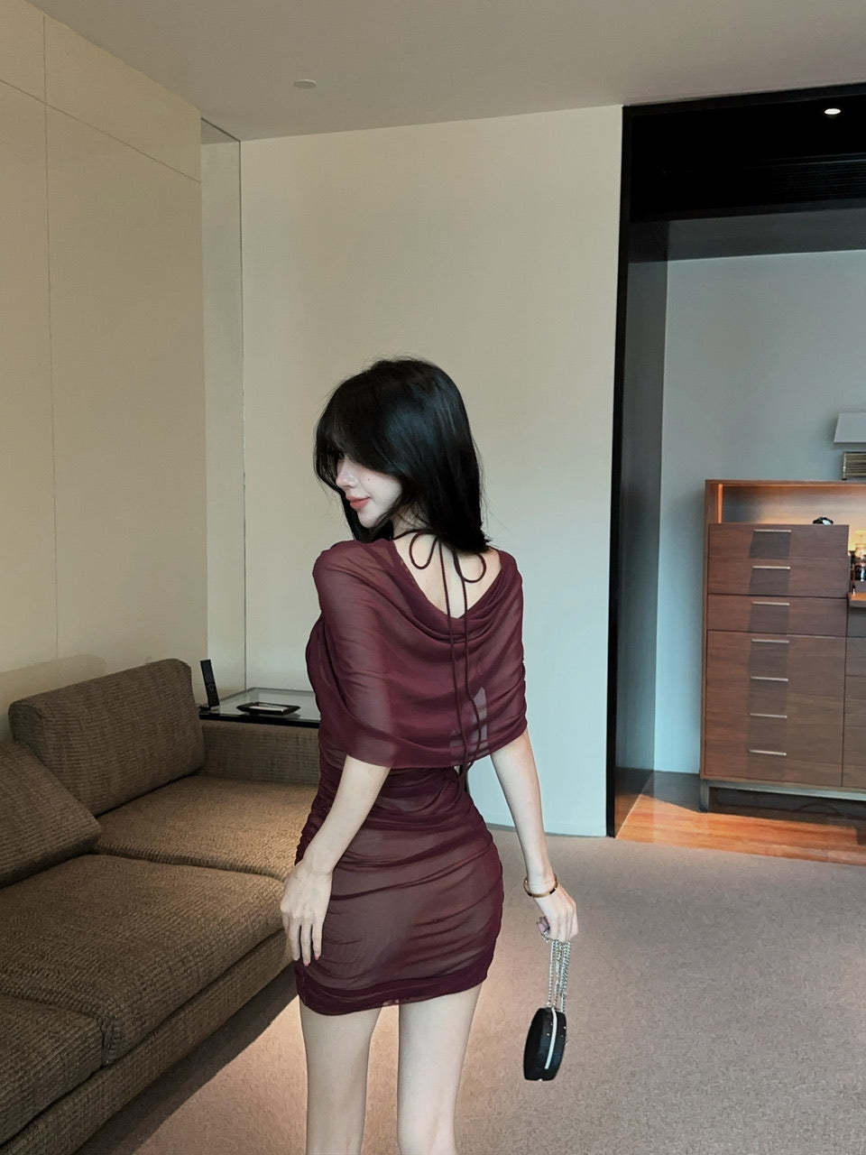 💕約會性感網紗綁帶包臀假兩件連身裙