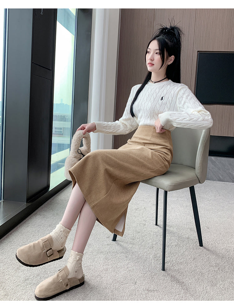 💕秋冬溫柔燈心絨中長A字包臀半身裙