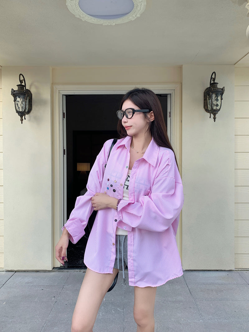 💕青春寬鬆百搭別緻彩色鈕扣條紋襯衫