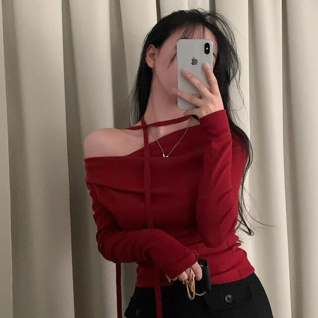 💕溫柔春秋純欲露肩+飄帶顯瘦法式上衣