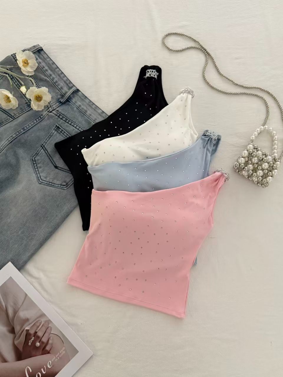 💕chic韓系性感斜肩燙鑽抹胸背心無袖上衣