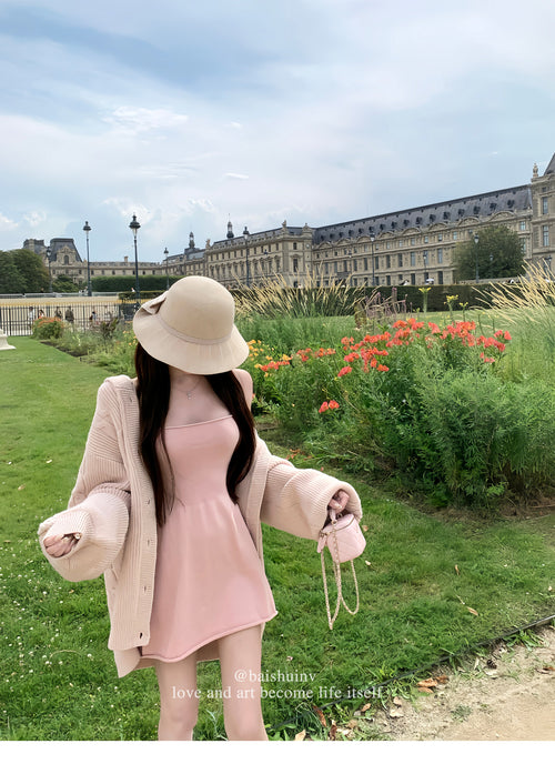 💕chic韓系溫柔慵懶連帽針織開衫吊帶裙兩件套