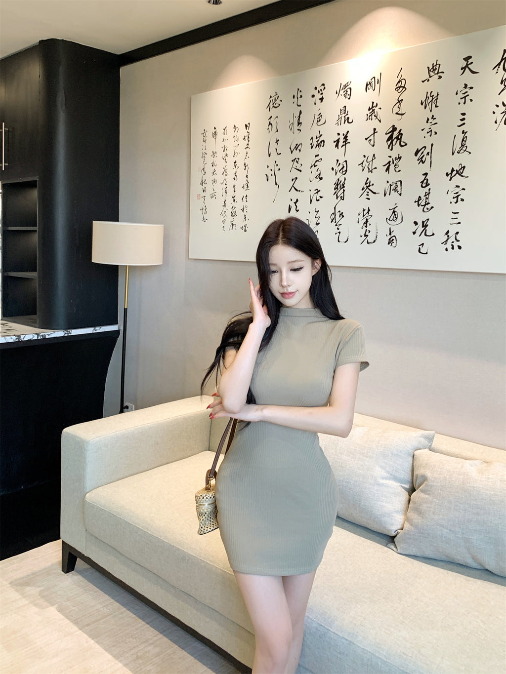 💕韓系法式高級感半高領短袖連衣裙