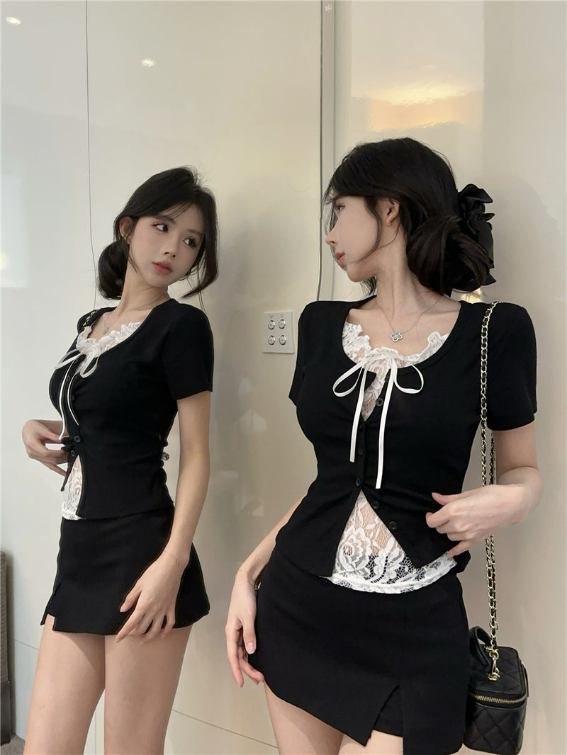 💕高級感假兩件短袖拼接蕾絲上衣