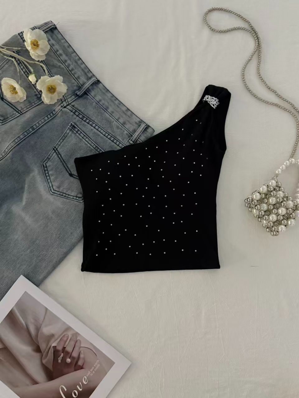 💕chic韓系性感斜肩燙鑽抹胸背心無袖上衣