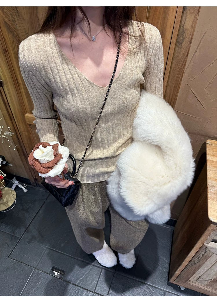 💕簡約百搭通勤V領針織打底修身顯瘦上衣