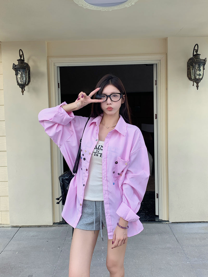 💕青春寬鬆百搭別緻彩色鈕扣條紋襯衫