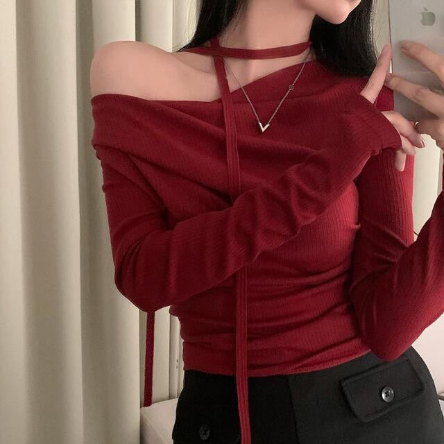 💕溫柔春秋純欲露肩+飄帶顯瘦法式上衣