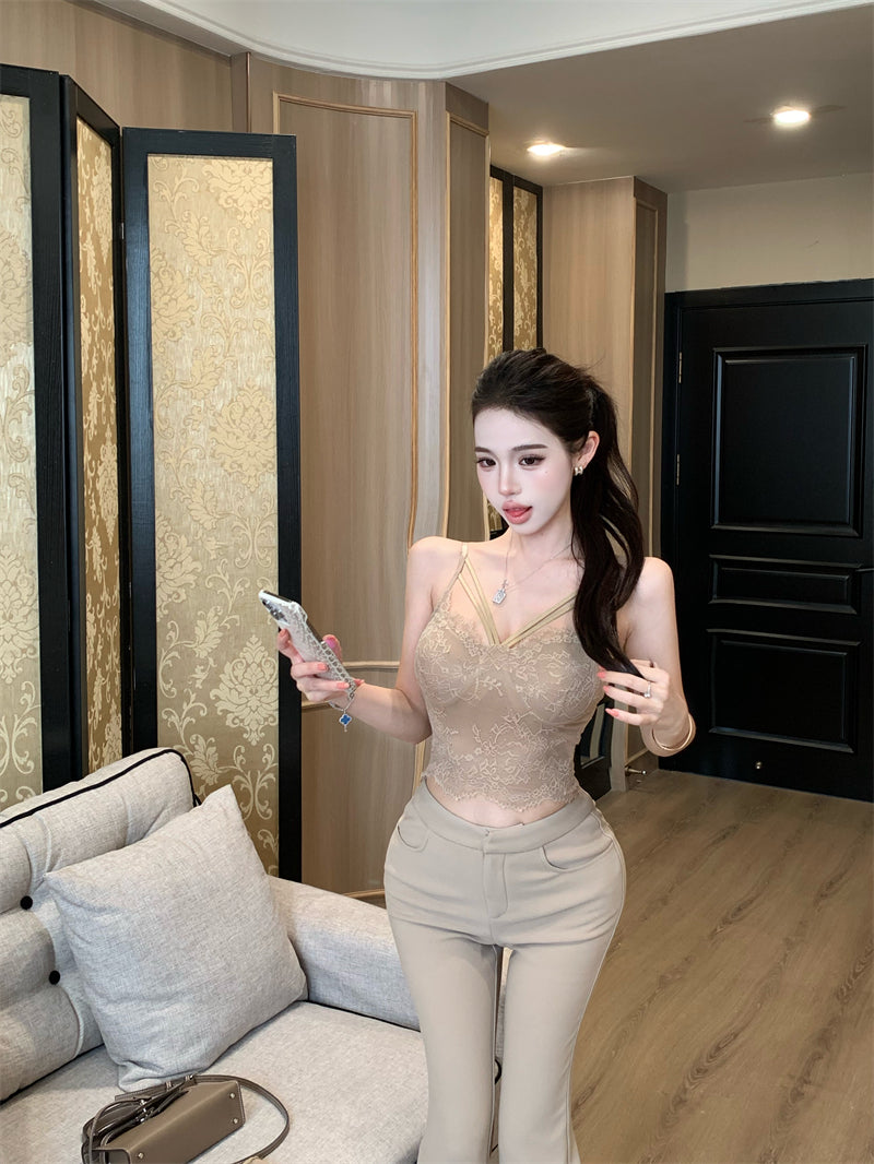 💕性感微透網紗長袖V領蕾絲吊帶內搭上衣兩件套