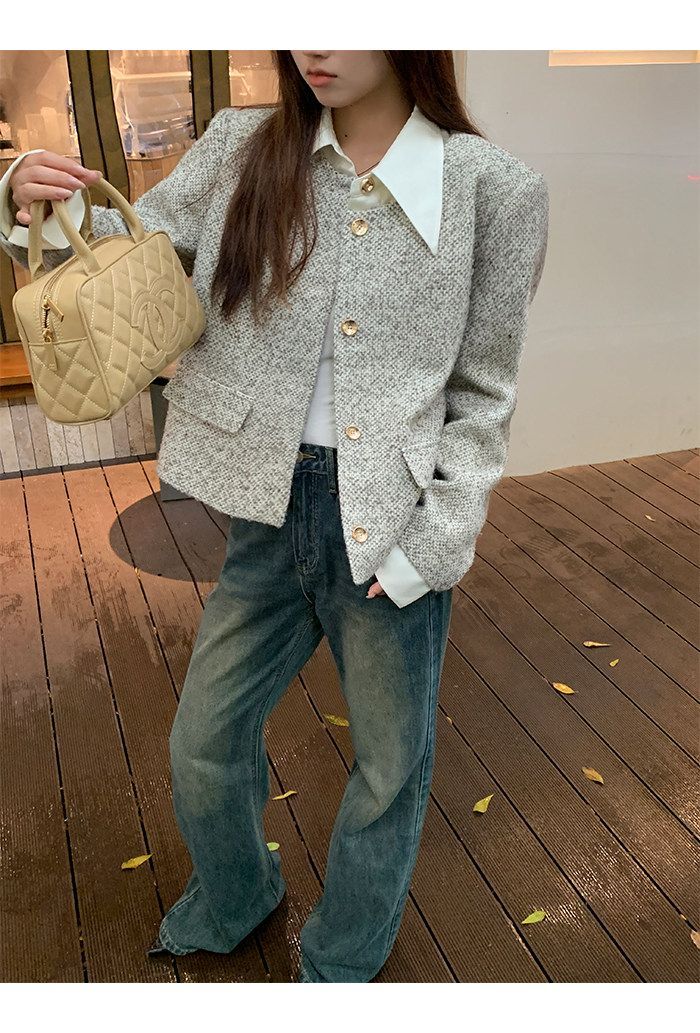 💕韓系秋冬假兩件拼接小香風加墊肩外套