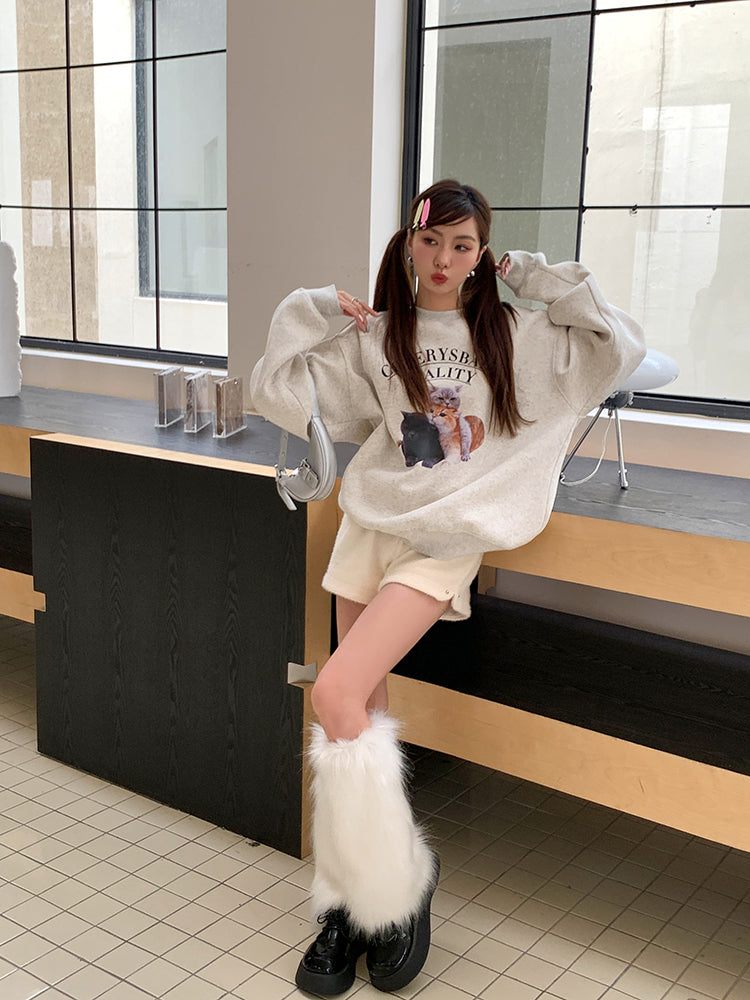 💕秋冬可愛貓咪疊疊樂印花圓領長袖上衣