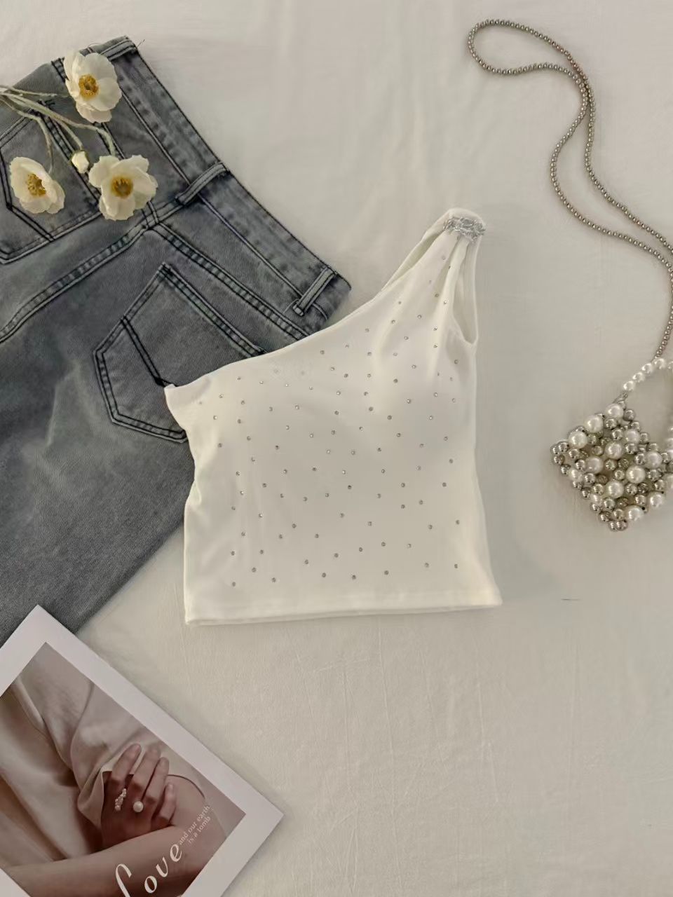 💕chic韓系性感斜肩燙鑽抹胸背心無袖上衣