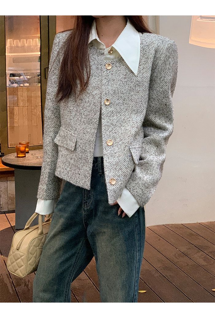 💕韓系秋冬假兩件拼接小香風加墊肩外套