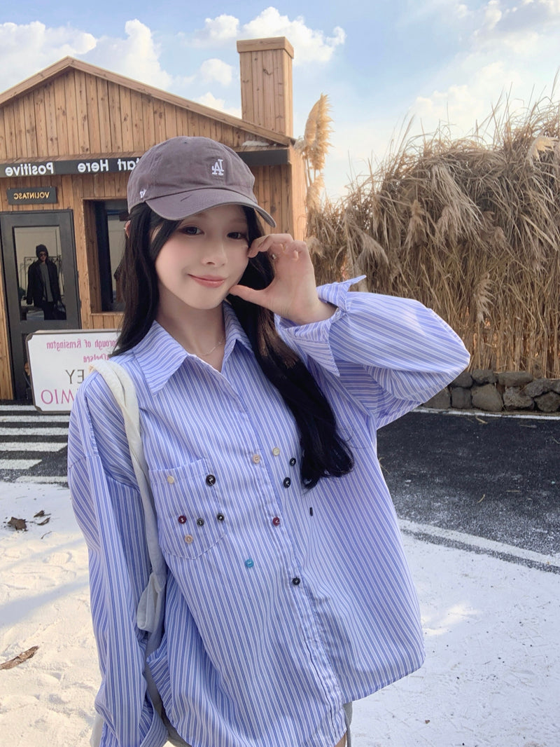 💕青春寬鬆百搭別緻彩色鈕扣條紋襯衫