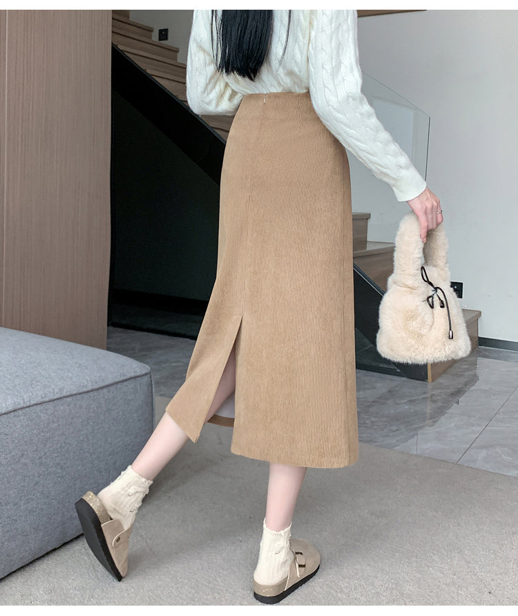 💕秋冬溫柔燈心絨中長A字包臀半身裙