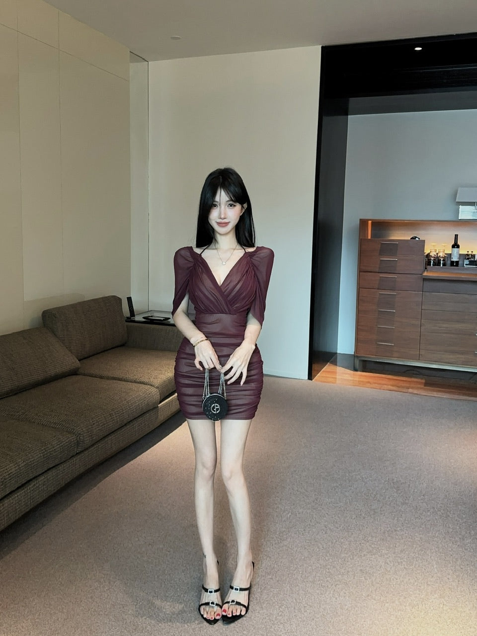 💕約會性感網紗綁帶包臀假兩件連身裙