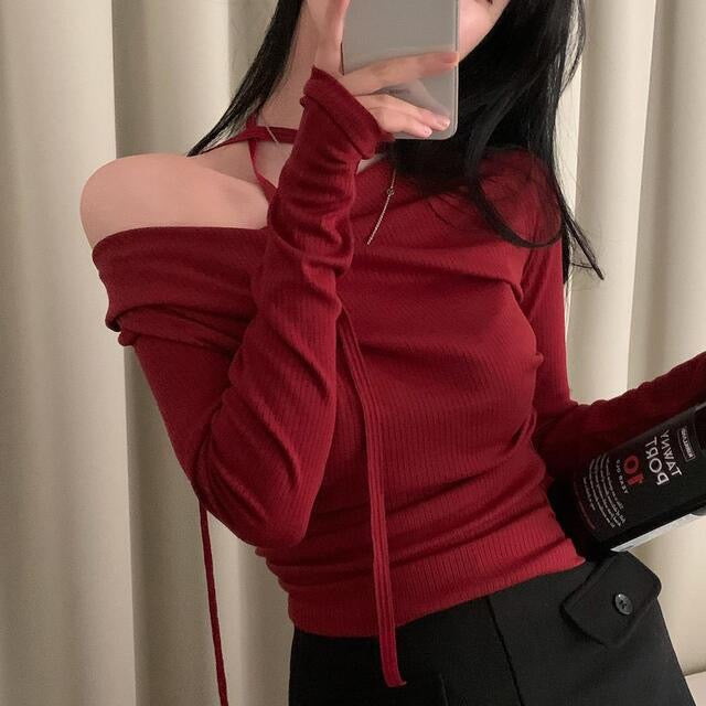 💕溫柔春秋純欲露肩+飄帶顯瘦法式上衣