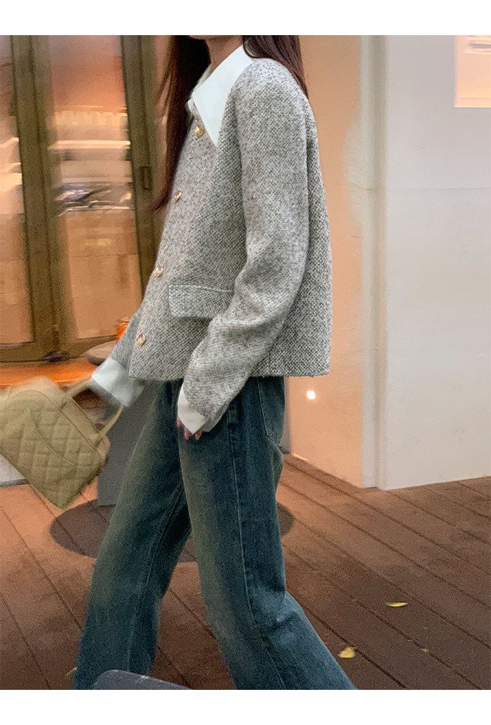 💕韓系秋冬假兩件拼接小香風加墊肩外套