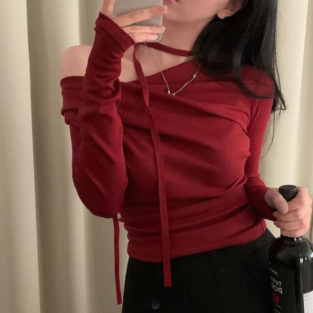 💕溫柔春秋純欲露肩+飄帶顯瘦法式上衣