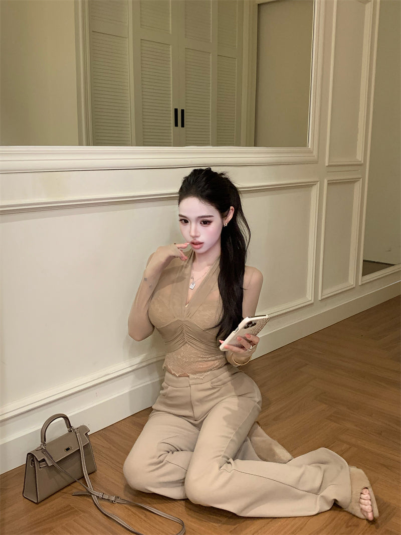 💕性感微透網紗長袖V領蕾絲吊帶內搭上衣兩件套