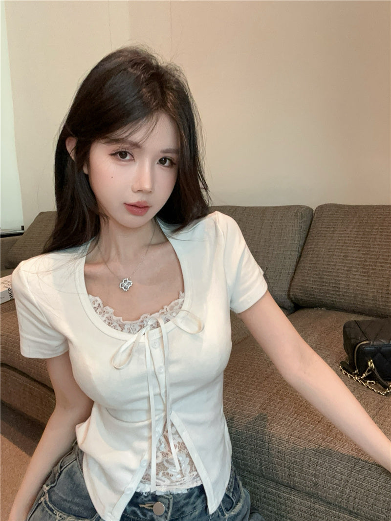 💕高級感假兩件短袖拼接蕾絲上衣