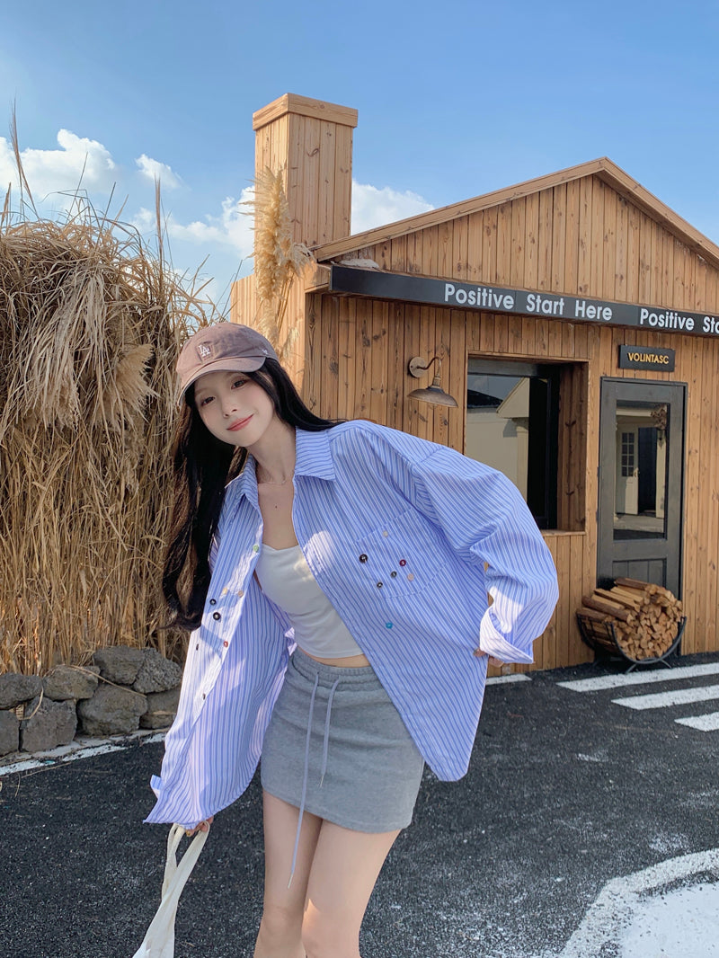 💕青春寬鬆百搭別緻彩色鈕扣條紋襯衫