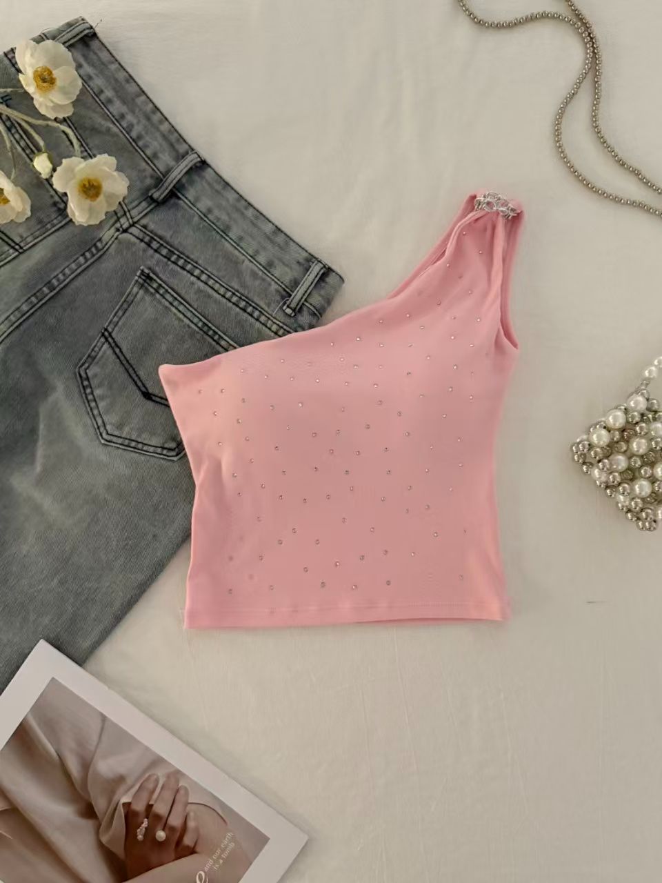 💕chic韓系性感斜肩燙鑽抹胸背心無袖上衣